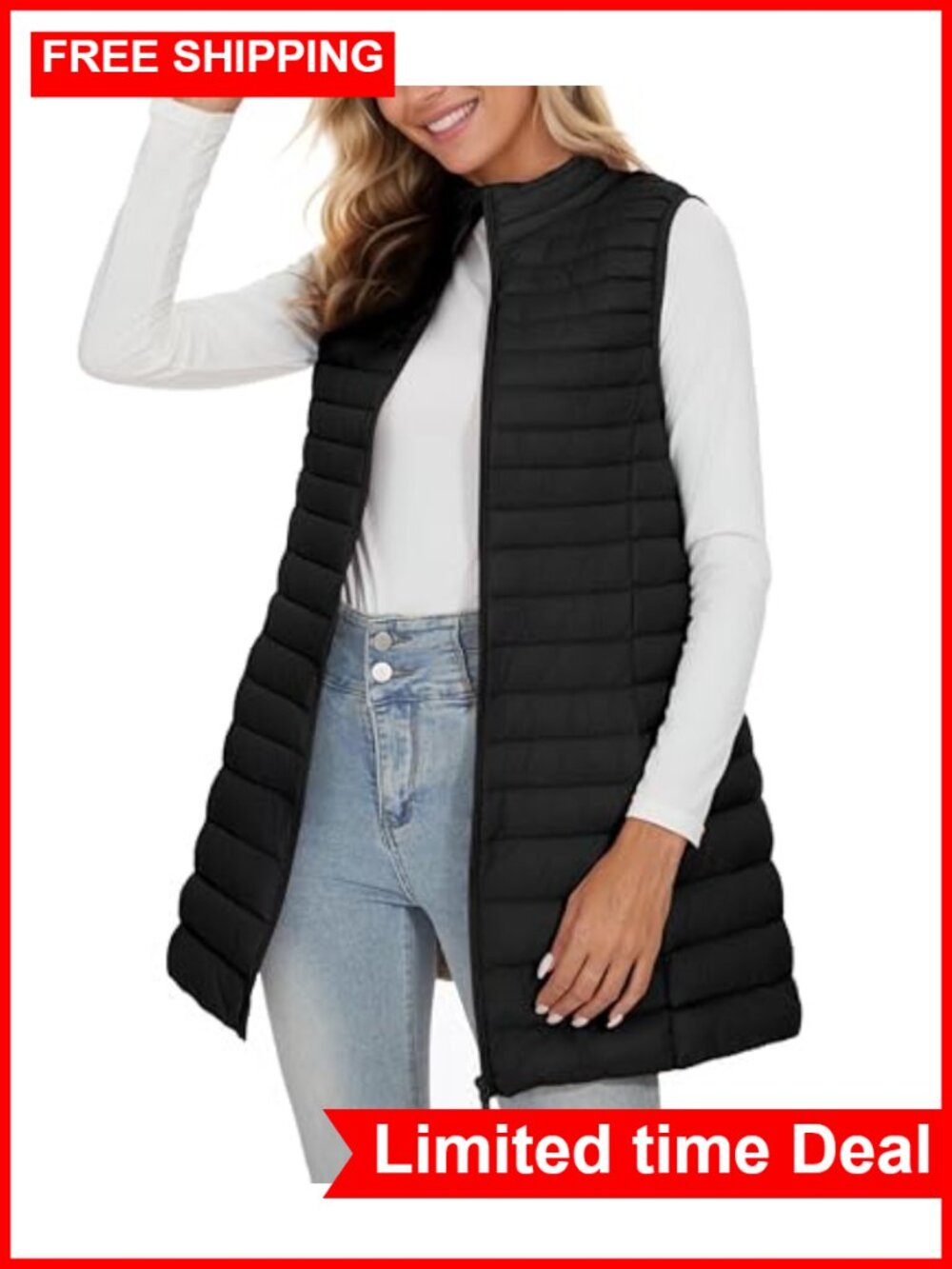 Long Puffer Vest Lightweight Down Sleeveless Quilted Winter Warm